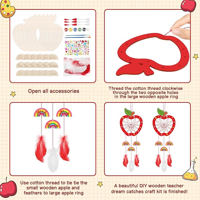 Fennoral 6 Pack Dream Catcher Craft Kit for Kids Paint You Own Apple with Rainbow Dreamcatcher DIY Coloring Wooden Art and Craft for Classroom Art Activity Teacher Appreciation Gifts