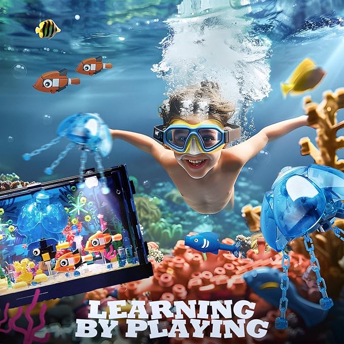 SANCO Fish Tank Building Set with LED Lights for Audlts and Kids - Aquarium Building Block Toys Creative Sea Animal Model 725PCS for Boys and Grils Age 8-12-14