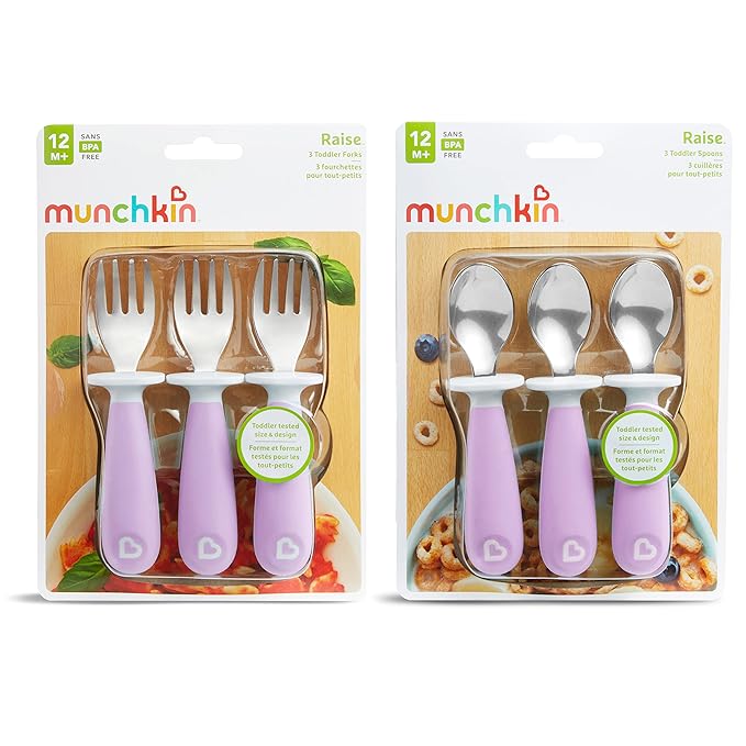 Munchkin® Raise™ Toddler Fork and Spoon Utensil Set, Rest Keeps Tip Off Table, BPA Free, 6 Pack, Purple