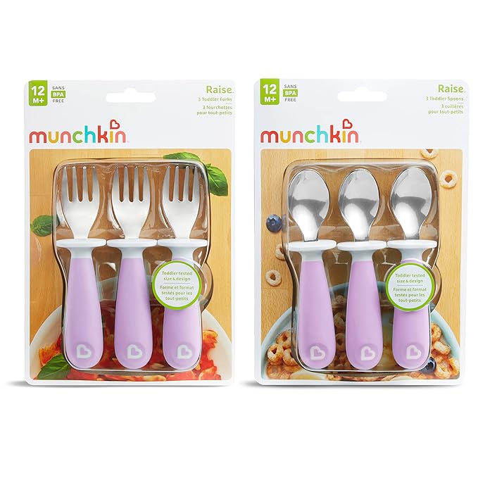 Munchkin® Raise™ Toddler Fork and Spoon Utensil Set, Rest Keeps Tip Off Table, BPA Free, 6 Pack, Purple