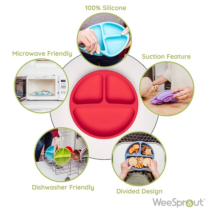 WeeSprout Suction Plates for Babies & Toddlers - 100% Silicone, Dinnerware Stays Put, Divided Design for Picky Eaters, Microwave & Dishwasher Friendly, 3 Pack