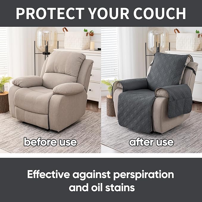 Easehomey 100% Waterproof Recliner Chair Covers, Non Slip Oversized Reclining Cover, Cover Furniture Protector Washable Chair Cover with Pocket,Elastic Straps for Kids,Pets,Dogs(Dark Gray,28")
