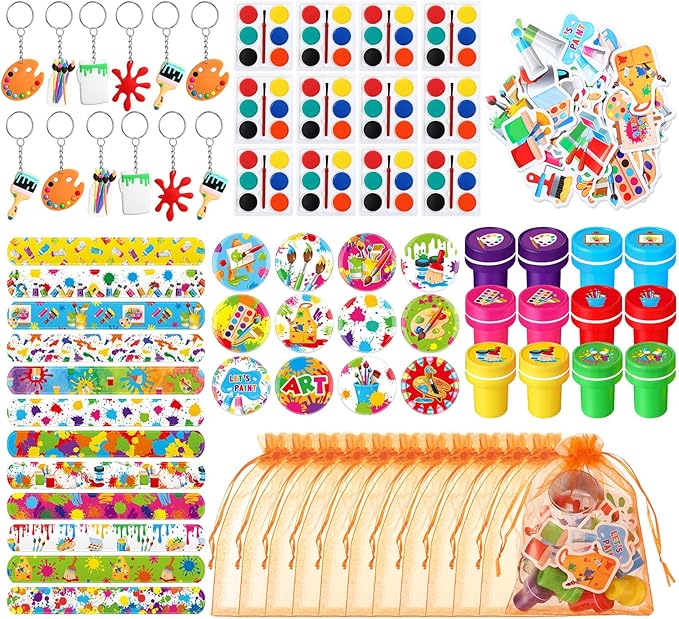Seajan 122 Pcs Valentines Day Paint Party Favors DIY Mini Watercolor Set Slap Bracelet Art Painting Key Chain Button Badge Stamper Tattoo Sticker for Valentine's Exchange Classroom Gifts Bulk