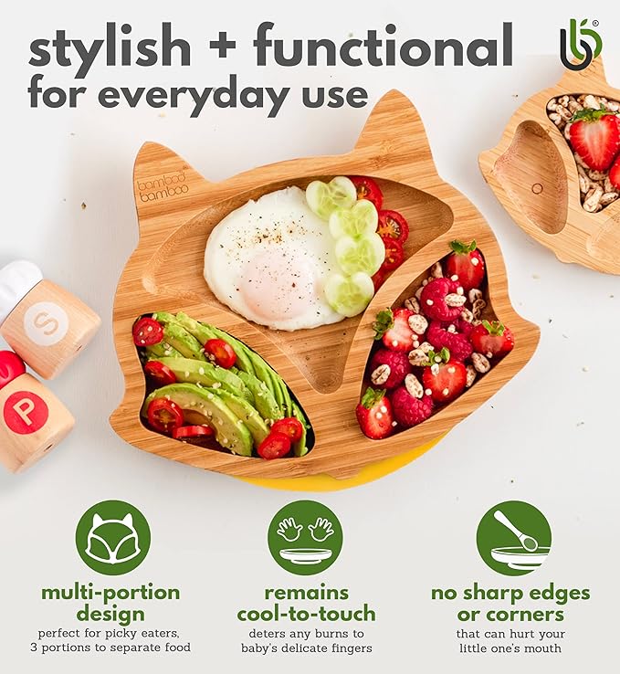 Bamboo Baby Plate with Suction - Kids and Toddler Suction Cup Plate for Babies, Non-Toxic All-Natural Bamboo Baby Food Plate Stays Cool to The Touch for Baby-Led Weaning (Fox-Pink)