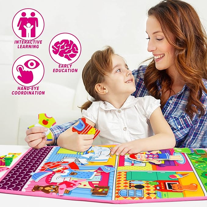 OKOOKO Dress Up House Felt Board 35PCS Double-Sided Foldable Dress Up Teaching Girls Toy Preschool Crafts Storytelling Early Learning Interactive Play Kit for Toddlers Kids