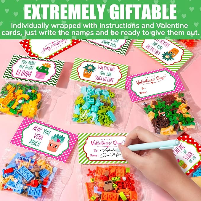 Valentines Day Gifts for Kids 6-12, 24 Pack Succulents Flower Bouquets Building Blocks with Gift Cards for School Classroom, Bulk Boy Girl Class Valentine Party Favors Exchange Gift Goodie Bag Stuffer