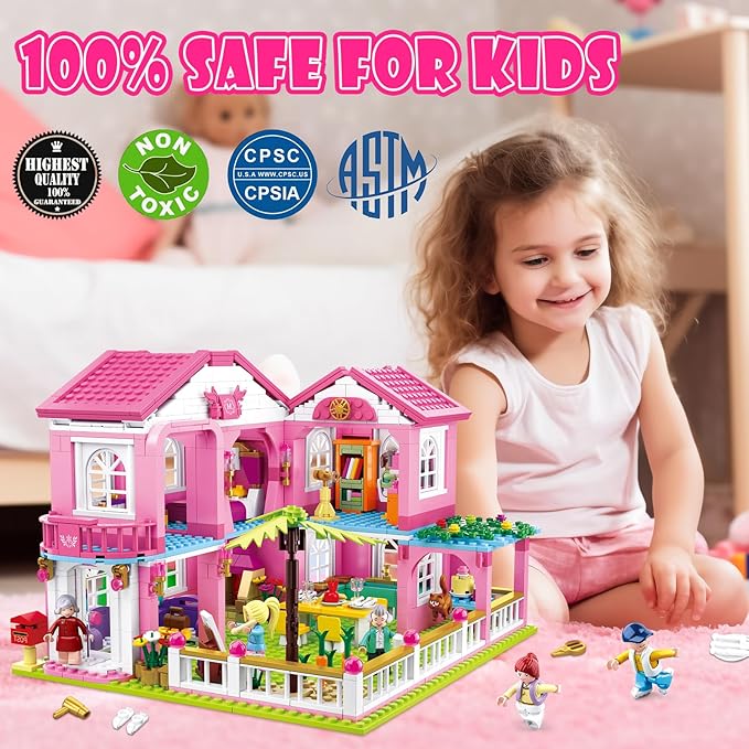 Sluban Friends Beach House Building Sets for Girls 6-12, Seaside Villa House Compatible with Lego Friends, Come with 7 Minifigures Dolls, Motorcycle and Kitchen Accessories, STEM Educational Toy