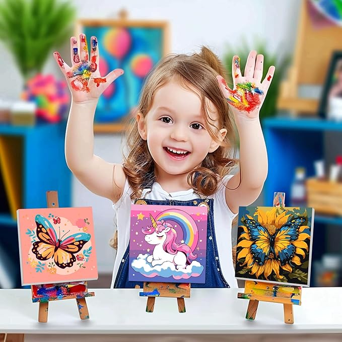 2 Pack Paint by Numbers Kit for Kids - Age 4-8, Framed Canvas, Cartoon Drawing, Color by Number, 8x8 Inch