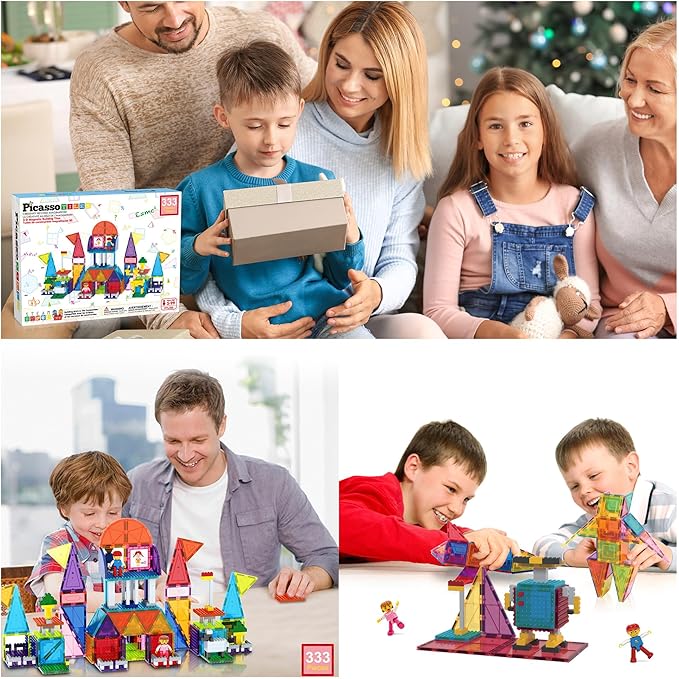 PicassoTiles 333pcs Magnetic Brick Tile and Magnetic Tile Combo Set, Action Figures included, Building Blocks STEM Toys, Educational Montessori Preschool Toddler classroom learning toys, Kids activity