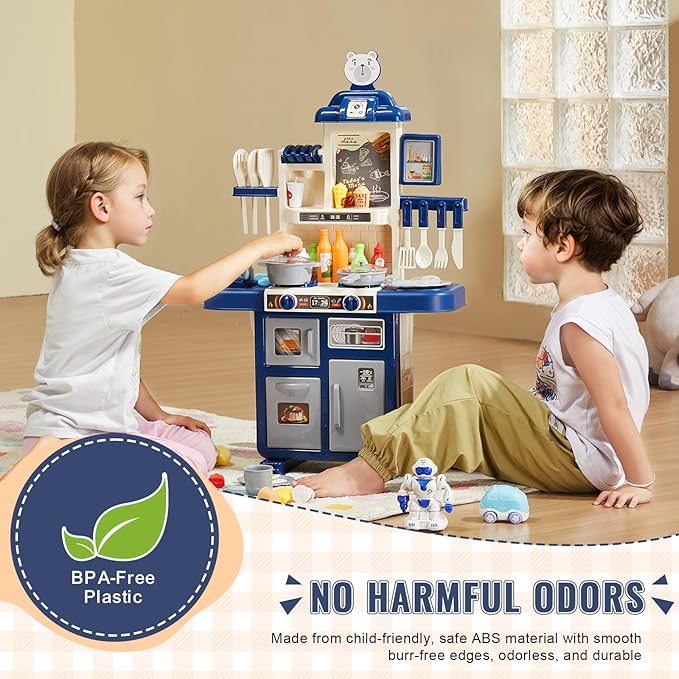 VEVOR Kids Kitchen Playset 48PCS, Pretend Play Kitchen with Cooking Stove with Steam, Sounds and Lights, Play Sink and Play Food, Toy Kitchen Set for Toddlers (Blue) Size 18.5" x 9.4" x 30.7"