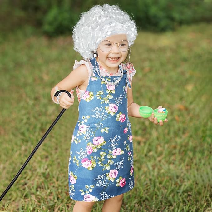 Kyson Girls Old Lady Costume for Kids 9 Pcs 100th Days of School Granny Wig Apron Outfit Halloween Dress Up Accessories