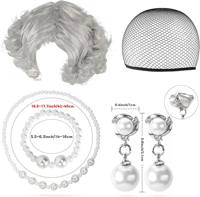 Kyson Girls Old Lady Costume for Kids 9 Pcs 100th Days of School Granny Wig Apron Outfit Halloween Dress Up Accessories