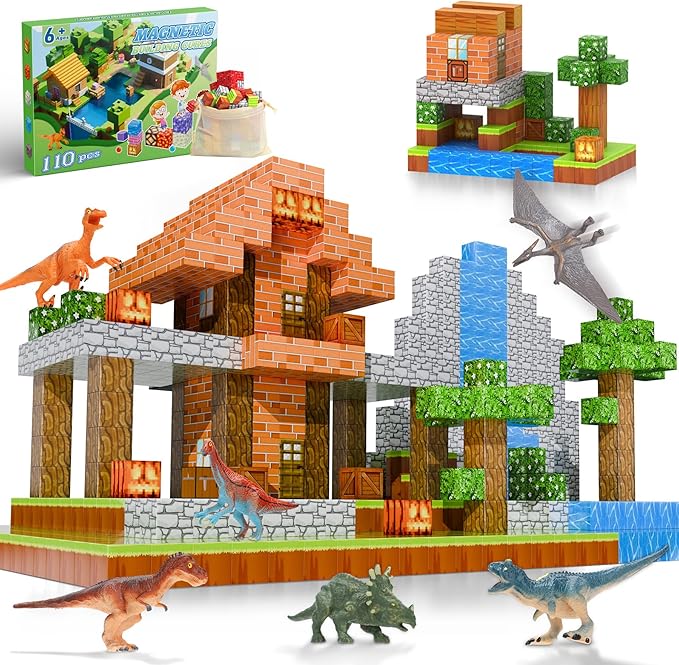 Magnetic Blocks 110PCS with 6 Animal Toys, Punpkin Building Blocks Set, Toys for Boys & Girls Age 6-8, Stacking Building Toys for Toddlers Sensory Toy for Kids 6+