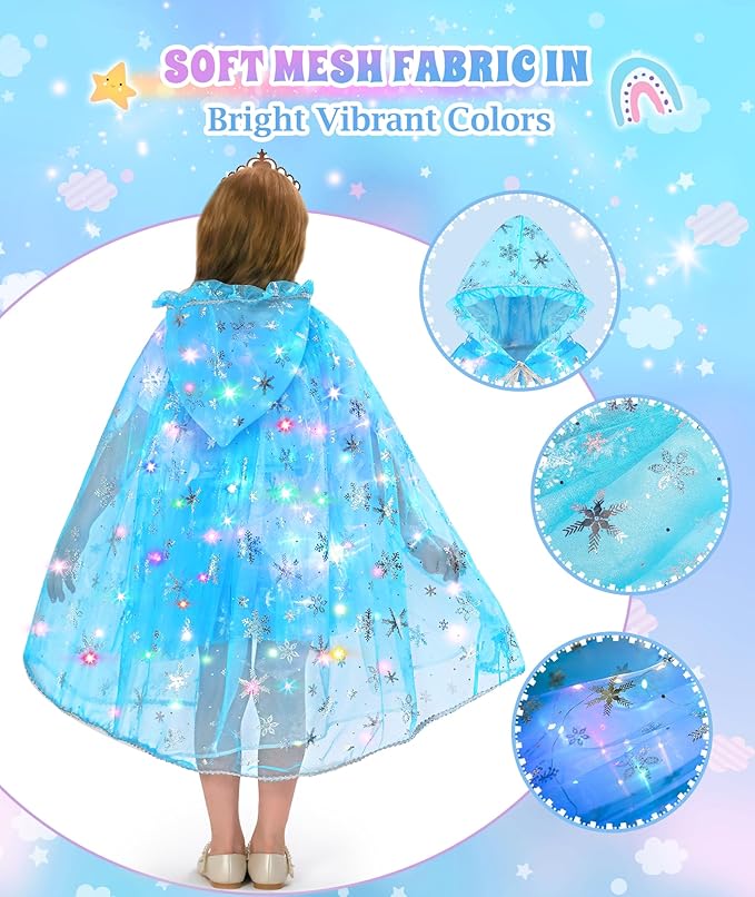Princess Dress Up for Girls, Light up Princess Cape Princess Dress Costume Crown Wand Gifts for Toddler Girls 3 4 5 6