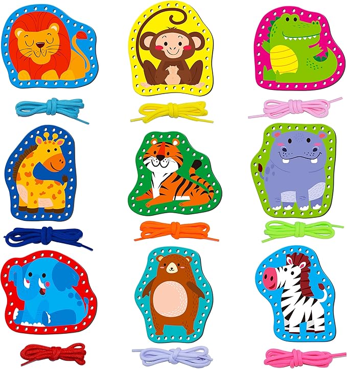 9 Pieces Kids Lacing Cards, Double Sided Sewing Cards in 9 Wild Animals with 9 Colorful Laces, Imagination Development Lacing Toys Games for Children Educational and Learning Activity