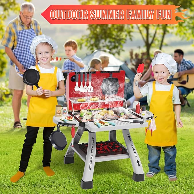 deAO Kids BBQ Grill Playset,23.6" Heigh Kitchen Toy with Realistic Smoke,Light with Toy Grill Toy,41PCS Kitchen Accessories Play Food Toy for Pretend Play Cooking for Kids