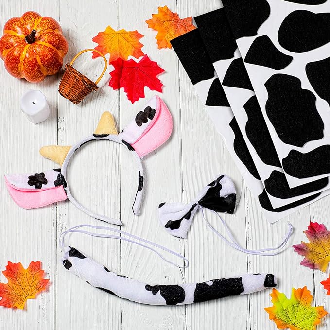 WILLBOND 5 Sheets Cow Felt Pads Adhesive Felt Circles with 1 Set Halloween Cow Ear Headband, Bow Tie and Cow Tail for Halloween DIY Costume, Over 6 Years