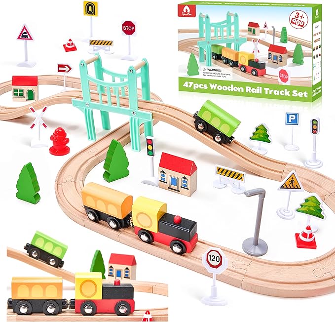 47Pcs Wooden Train Set for Toddlers, Wooden Train Track - Expandable and Changeable, Safe Educational Train Toys Gift for Boys & Girls Kids Ages 3-5 4-8, Compatible with All Major Brands