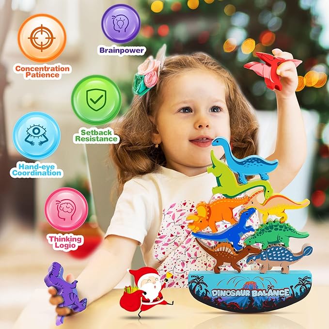 Dinosaur Toys for Kids 3-5: Wooden Stacking Montessori Toys for 3 4 5 6 7 Year Old Balance Competition Game for Family Ideal Easter Birthday Gifts for Kids Ages 3-7 (Double Version)