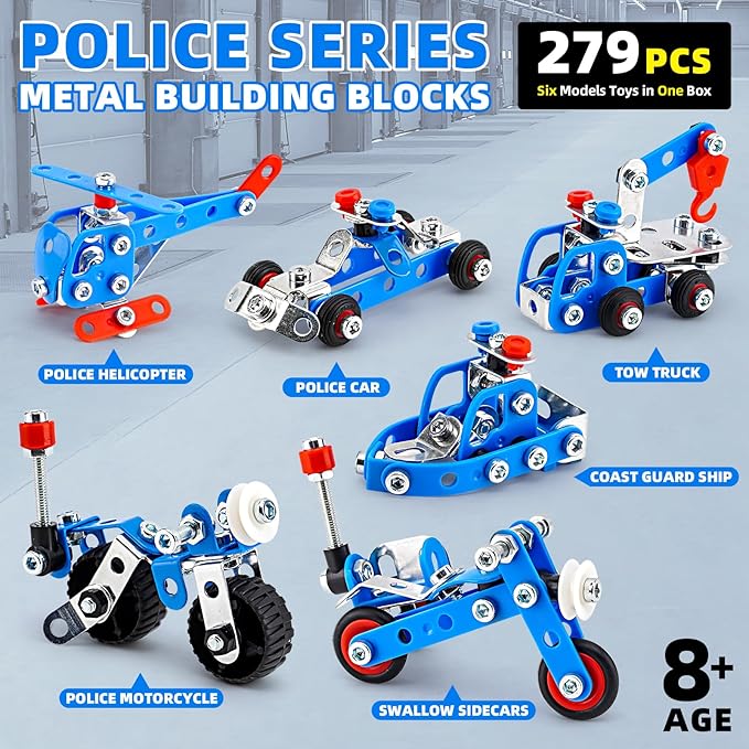 Stem Building Toys for Boys Age 8-12,Police Toys 6 Mini Metal Model Set for Kids,Erector Set for Boys Age 8-12,Assembly Science Kit Educational Gifts For Kids 8 9 10 11 12-16 Years Old（279 Pieces）