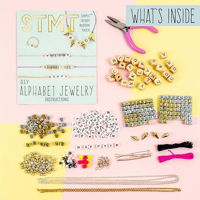 STMT DIY Alphabet Jewelry Set, Design 10 Premium Personalized VSCO Girl Bracelets, Necklaces & Accessories, Bead Kit for Friendship Bracelets, DIY ABC Jewelry, Great for Kids & Teens Ages 8, 9, 10, 11