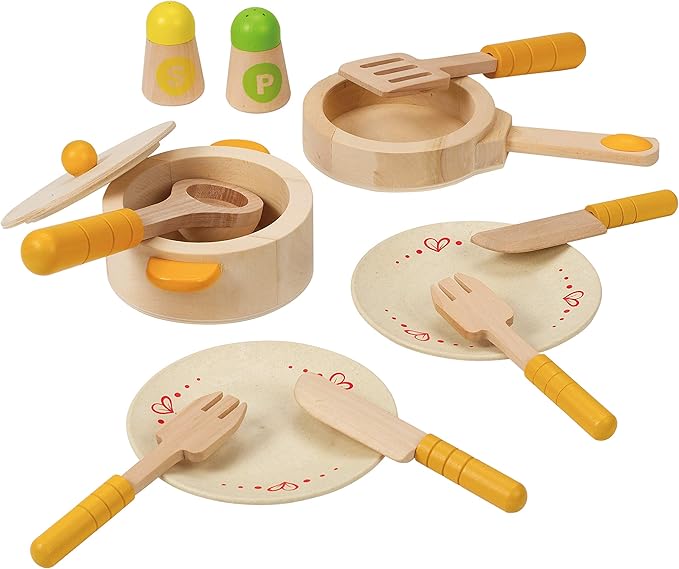 Hape Gourmet Play Kitchen Starter Accessories Wooden Play Set| 13 PCs Pretend Cookware Plates Dishes Play Kitchen Sets for Kids