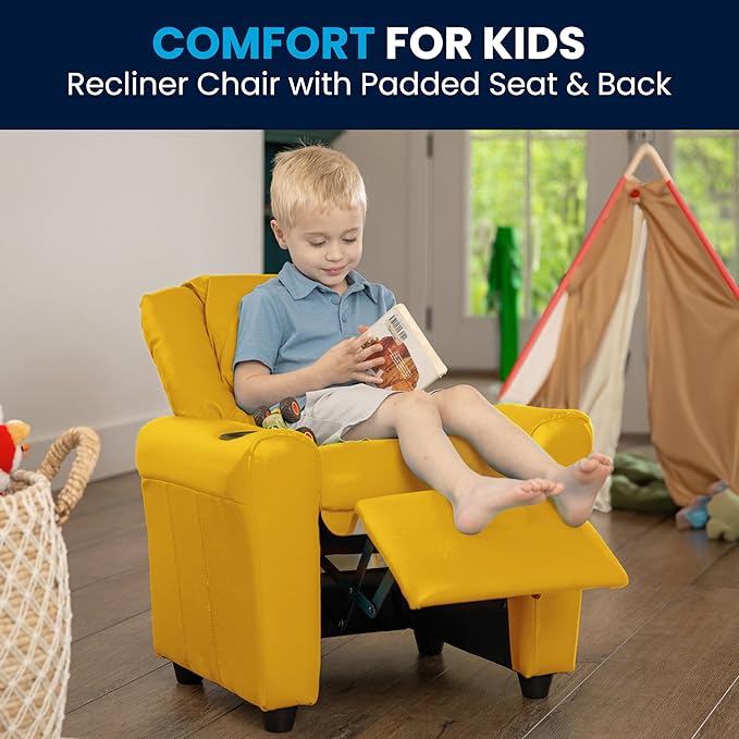 Flash Furniture Vana Vinyl Kids Recliner with Cup Holder, Headrest, and Safety Recline, Contemporary Reclining Chair for Kids, Supports up to 90 lbs., Yellow