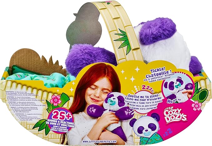 Little Live Pets WODJ4 Cozy Dozys: Petals The Panda | Interactive Plush Toy Panda. 25+ Sounds and Reactions. Magical Eye Movement. Blanket, Pacifier for Kids Ages 4+, Multicolor (26400)