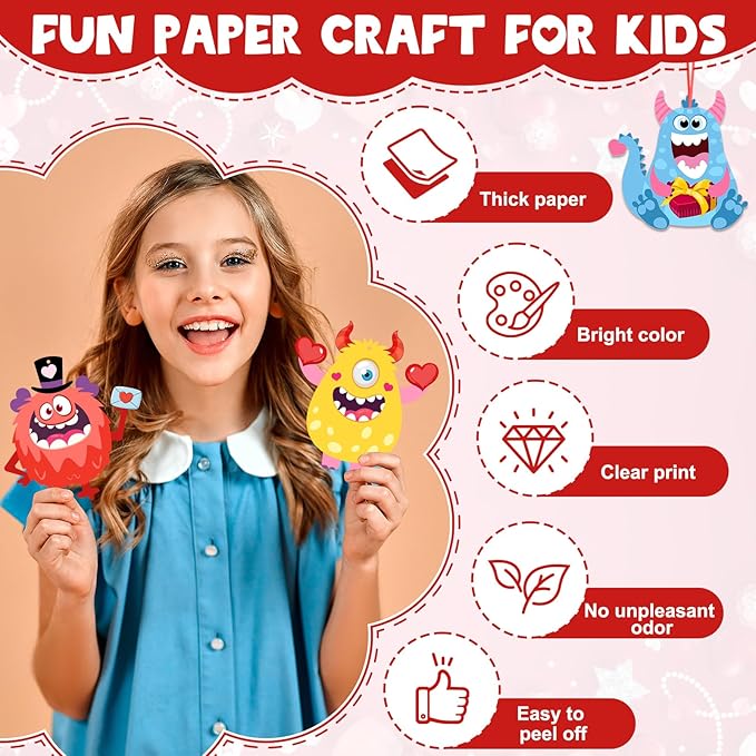 45 Pack 24 Sets Valentine's Day Craft Kits for Kids, DIY Craft Ornament Valentine Class Game Activities Paper Craft Hanging Ornament Valentine's Day Decoration Preschool Home Valentine's Monster Craft