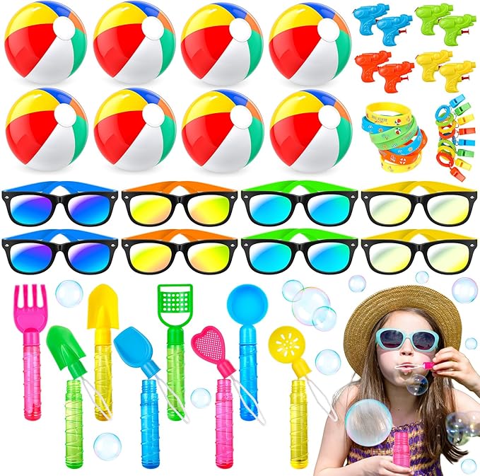 Pool Party and Beach Party Favors - Kids Sunglasses Party Favors, Inflatable Beach Balls, Water Gun Squirts and Bubbles