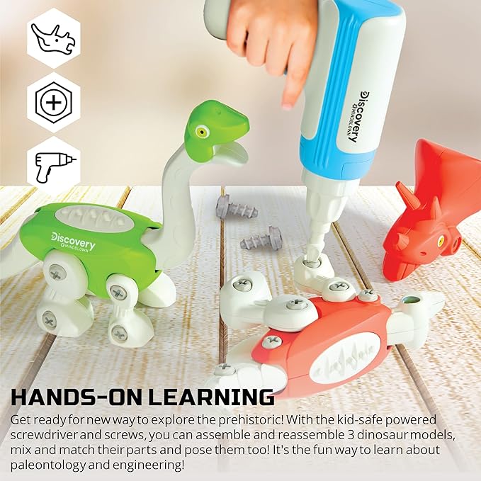 DISCOVERY #MINDBLOWN Dinosaur Construction Set, 90-Piece Action Model Build Kit, Kid-Safe Electronic Tools & Screws, Create T-Rex Triceratops, Prehistoric Monster Learning STEM Toy For Paleontologists