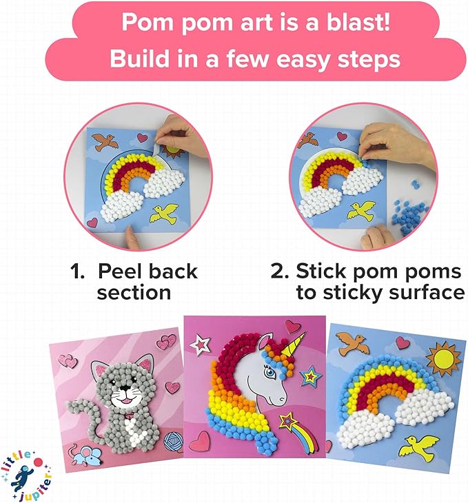 Little Jupiter DIY Pom Pom Art - Makes 3 Art Pieces -Boy & Girl Crafts for Kids Age 3-5 - Toddler Crafts Ages 3-5 - Pom Pom Arts and Crafts - Art Projects for Kids 3-5 - (Set 2-Unicorn, Rainbow, Cat)
