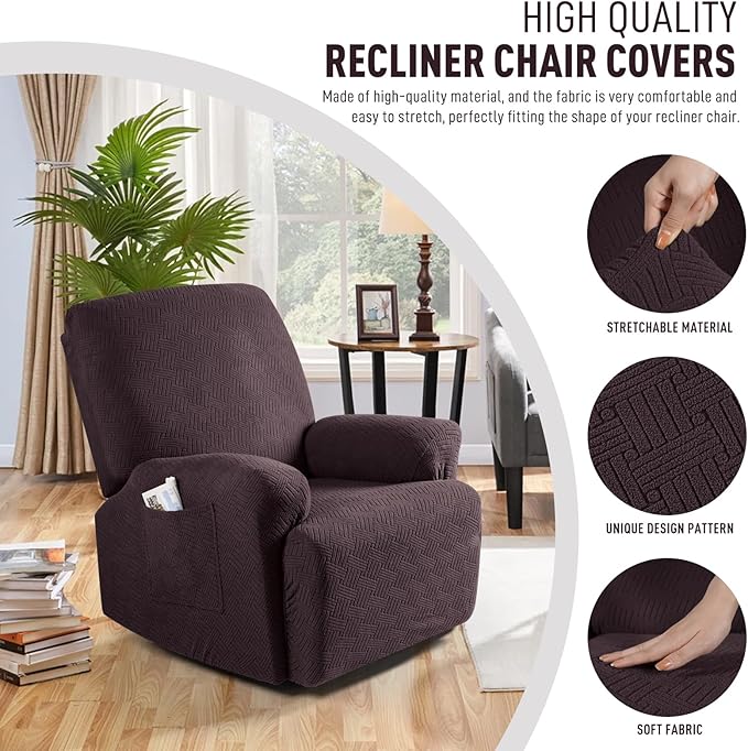 KinCam Recliner Covers, Stretch Reclining Chair Covers, Recliner Sofa Slipcovers Stripe Jacquard Recliner Couch Covers Furniture Protector Covers for Pet Kid (1 Seater, Chocolate)