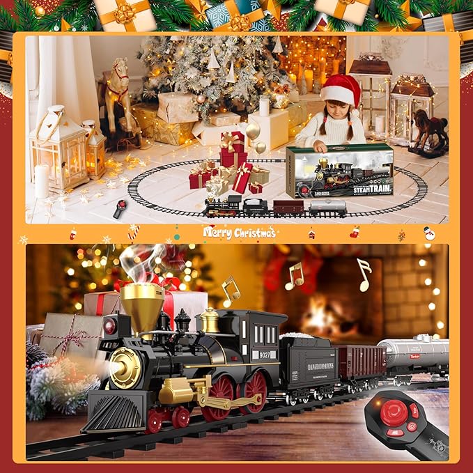Remote Control Train Set for Kids Electric Steam Engine Locomotive, Oil Tank Train, Cargo Cars & Tracks, Realistic Smoke,Sounds & Lights, Rechargeable Birthday Gifts for Boys Girls 3 4 5 6 7+ … …