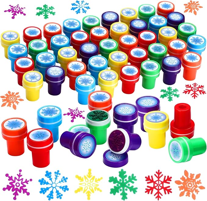 Skylety 60 Pieces Winter Snowflake Stamps for Kids Assorted Colored Frozen Stamps Plastic Snowflake Hand Stampers for Card Making Xmas Holiday Party Favors(Multi Colors)