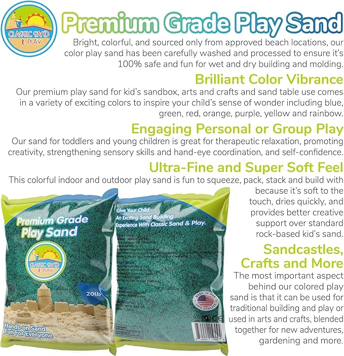 Classic Sand and Play Green Colored Play Sand, 20 lb. Bag, Natural and Non-Toxic, Fun Wet and Dry Indoor and Outdoor, Sandbox, Therapy, and Table Use, Building, Stimulate Sensory Needs