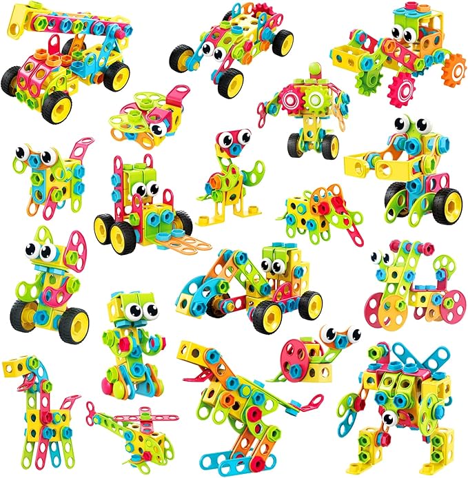 NXONE 195 PCS Educational STEM Toys for Boys and Girls Ages 3 4 5 6 7 8 9 10 Construction Building Blocks Toy Building Sets Kids Toys Creative Activities Games with Storage Box