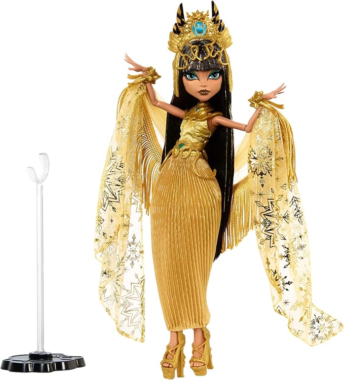Monster High Howliday Doll, Winter Edition Cleo De Nile Collectible in Golden Gown with Gleaming Accessories and Shimmery Fringe Shawl
