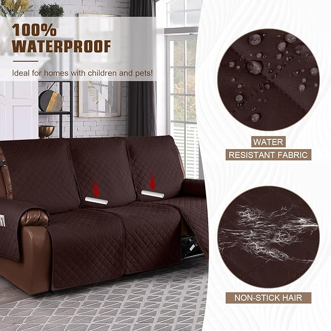 KinCam Waterproof Recliner Sofa Cover, Non-Slip Reclining Couch Covers for 3 Seat, Recliner Couch Cover Furniture Protector with Elastic Straps for Pets, Kids, Coffee