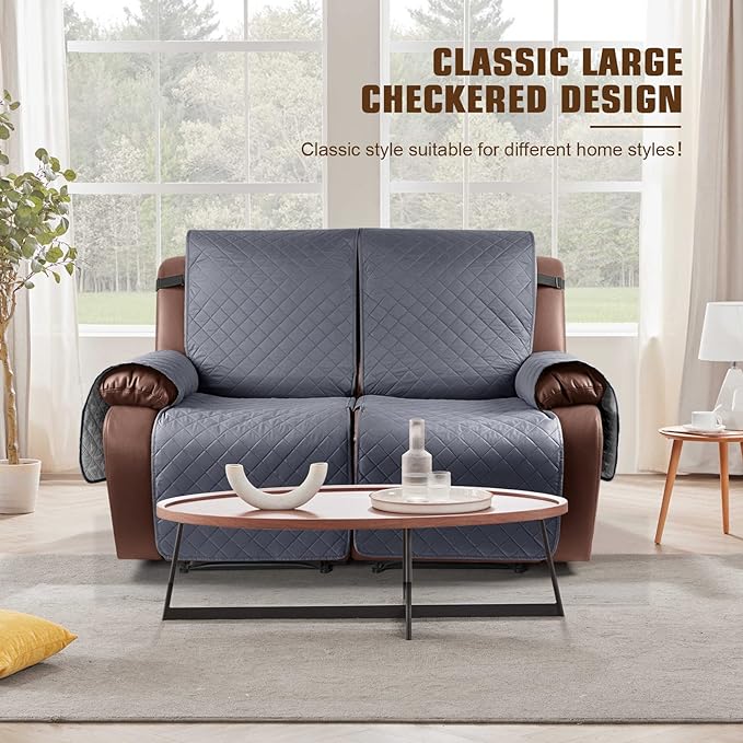 KinCam Waterproof Loveseat Recliner Cover, Non-Slip Reclining Couch Covers for 2 Seat, Recliner Sofa Cover Furniture Protector with Elastic Straps for Kids, Pets, Dark Gray