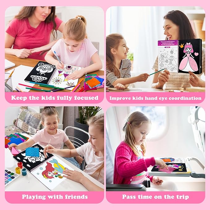 Syahro Art Craft Activity for Kids: Foil Funny Princess, Unicorn and Mermaid Carefree Creative Travel Set, Idea for 3 4 5 6 7 8 9 Year Old Girls，Art Travel Toy Suitable for Girls