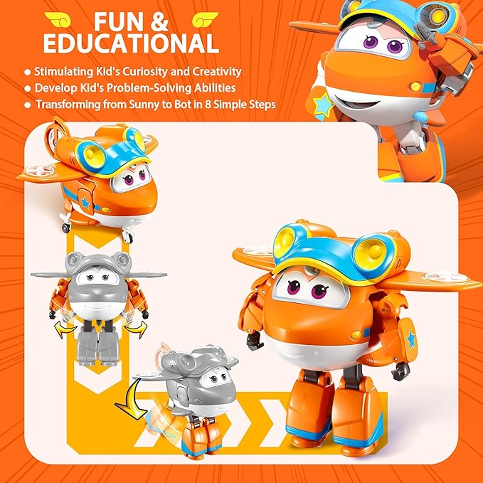 Super Wings 5" Transforming Sunny, Airplane Toys Vehicle Action Figure, Season 5 Plane to Robot in 10 Steps, Birthday Gifts for 3 4 5 year old Boys Girls Preschool Kids, Orange