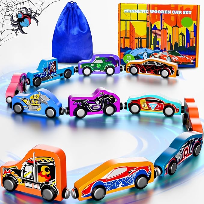 Toddler Boy Toys: 11 Magnetic Train Car Set, Spider Toys for Boys 2 3 4 Wooden Toys for Toddlers Montessori Toys Superhero Toys Toddler Cars Easter&Birthday Gifts for Kids Boys Cars Toys for Kids