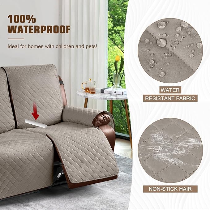 KinCam Waterproof Loveseat Recliner Cover, Non-Slip Reclining Couch Covers for 2 Seat, Recliner Sofa Cover Furniture Protector with Elastic Straps for Kids, Pets, Khaki
