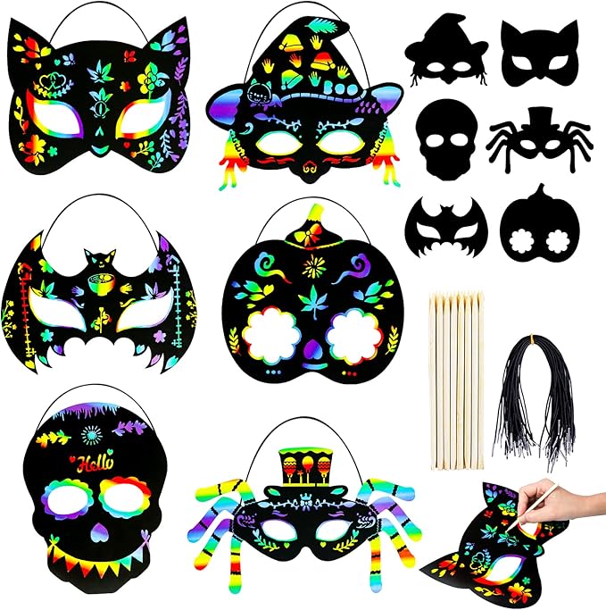MGparty Halloween Crafts, 42PCS Halloween Rainbow Scratch Mask, Magic Scratch Paper Art for Kids Birthday Classroom Decoration for Halloween Party Favors Gifts Party Games Projects Kits