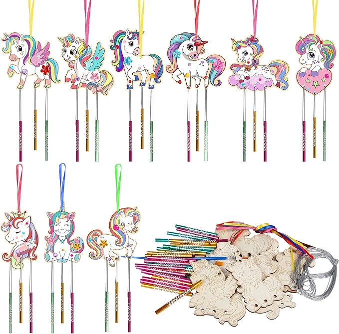 Fennoral 9 Pack Unicorns Wind Chime Kit for Kids Make Your Own Unicorns Wind Chime Wooden Arts and Crafts DIY Paint Art Activity for Christmas Party Decoration Bithday Gifts