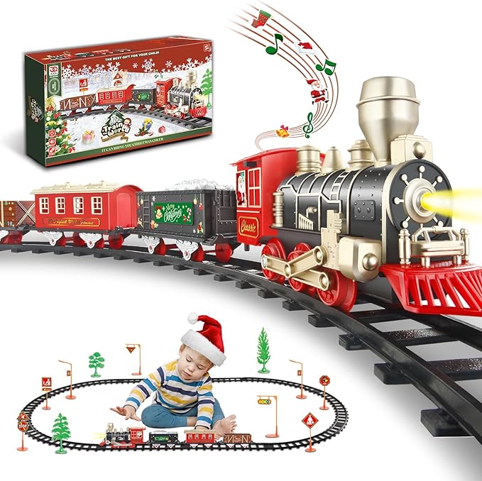 JUQU Train Set, Christmas Train Set for Around The Tree w/Lights & Xmas Sounds, Christmas Tree Train Toys, Electric Toy Train Set for Boys, Toddler Model Train Gifts for 3 4 5 6 7 8+ Years Old Kids