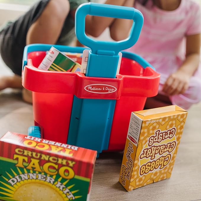 Melissa & Doug Fill and Roll Grocery Basket Play Set With Play Food Boxes and Cans (11 pcs), Frustration-Free Packaging)