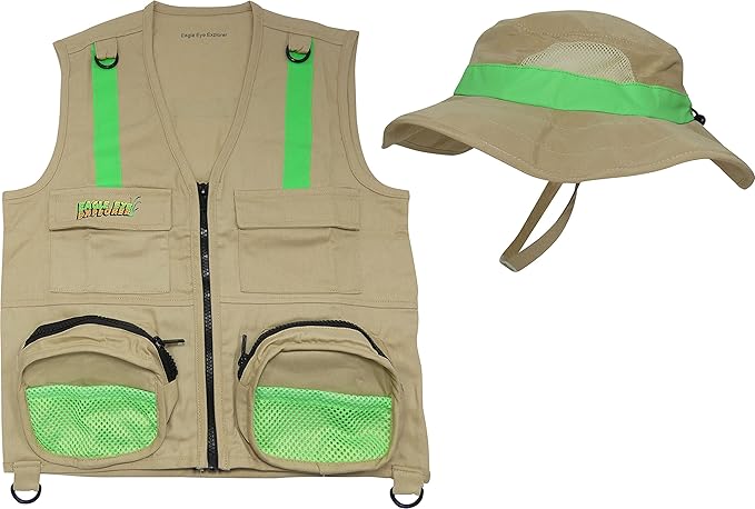 Youth XS Fits Size 2T-4T Multi-Piece Set Cargo Vest with Reflective Safety Straps and Safari Hat for Boys and Girls (X-Small for Most Youth 2-4 Years Old, 2 Piece Set Tan Vest and Tan Hat)
