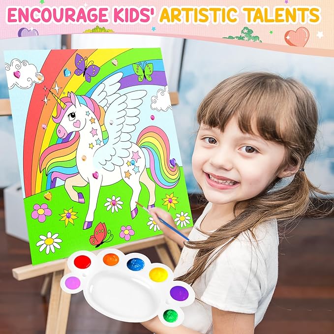 ZMLM Kids Pre Drawn Canvas for Painting, Acrylic Painting Kit for Kids ages 4-8, 10 x 10 Inch Unicorn Pre Drawn Canvas Panel with Diamond Sticker, Arts & Crafts for Kids Birthday Christmas Shcool Gift